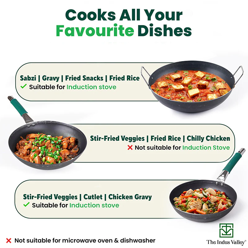 100% Pure Iron Cookware Set: Wok 10 inch + Fry Pan 10 inch + Kadai 10 inch , Kitchen set for Home, Non-Toxic, Pre-seasoned - Image 8