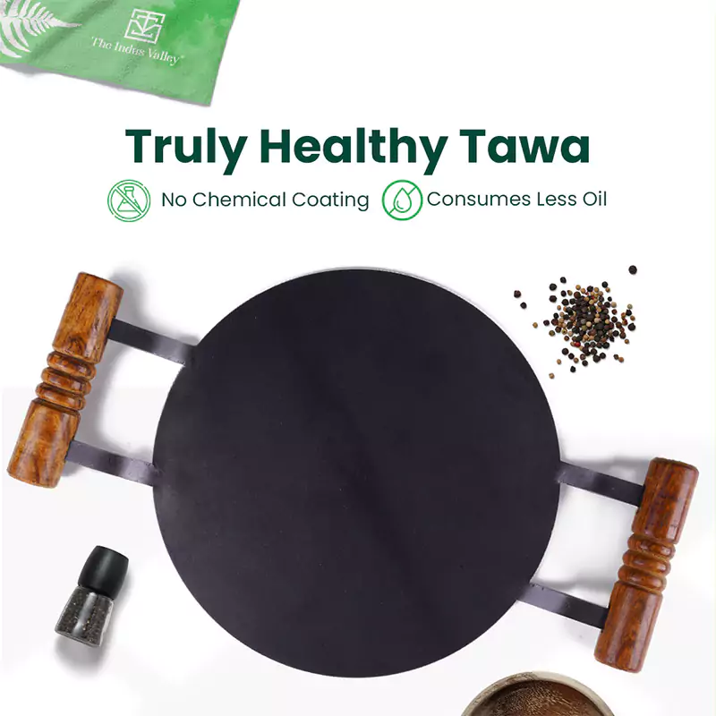 100% Pure Round Iron Tawa With Wooden Handle 11/12 In, Toxin-free Sheet Iron, Pre-Seasoned, Induction & Gas - Image 3