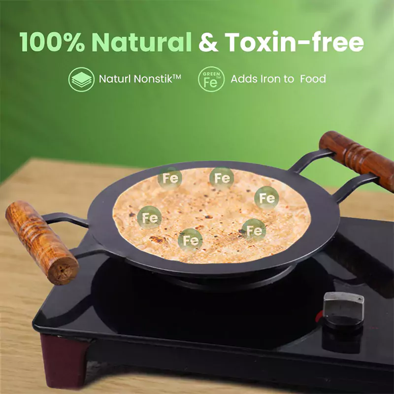 100% Pure Round Iron Tawa With Wooden Handle 11/12 In, Toxin-free Sheet Iron, Pre-Seasoned, Induction & Gas - Image 4