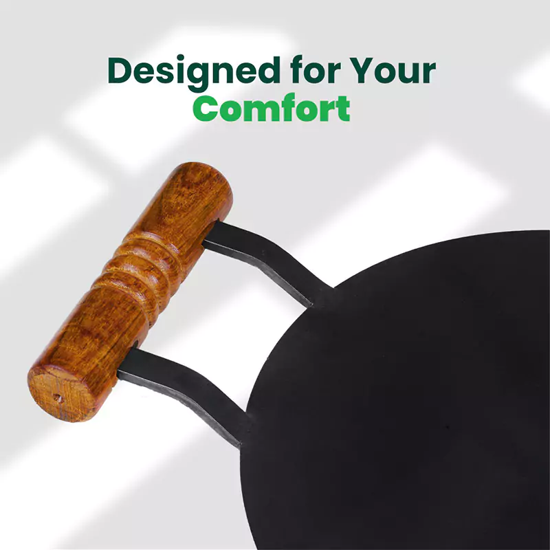 100% Pure Round Iron Tawa With Wooden Handle 11/12 In, Toxin-free Sheet Iron, Pre-Seasoned, Induction & Gas - Image 6