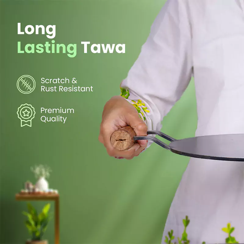 100% Pure Round Iron Tawa With Wooden Handle 11/12 In, Toxin-free Sheet Iron, Pre-Seasoned, Induction & Gas - Image 7