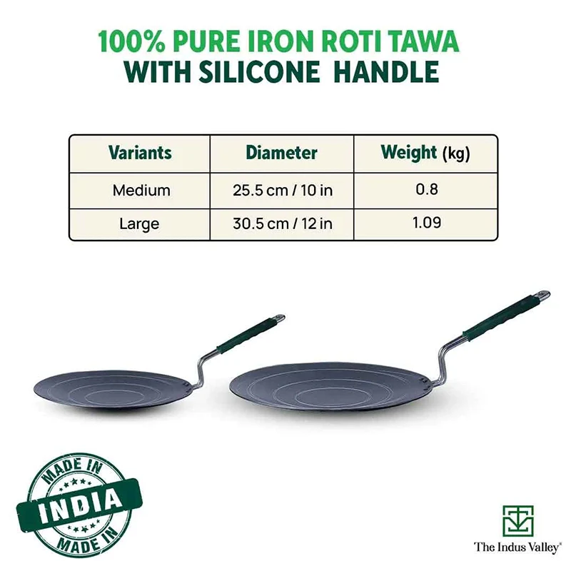 100% Pure Sheet Iron Concave Tawa 25.5cm/30.5cm, Toxin-free, Seasoned, Silicone Handle - Image 3