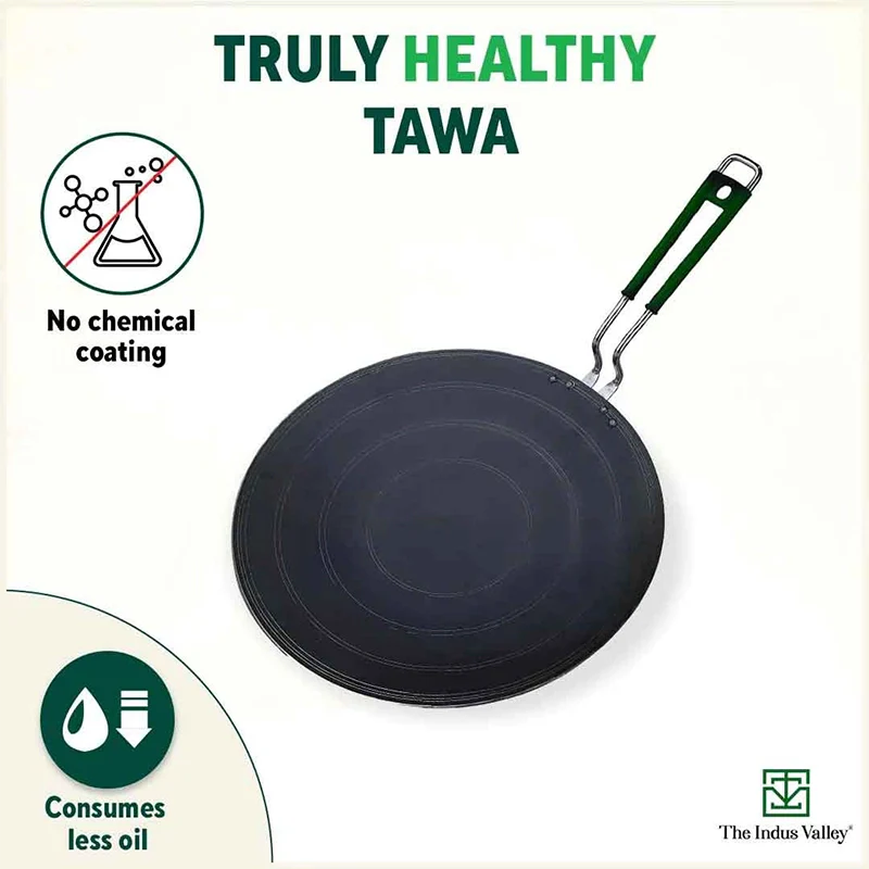 100% Pure Sheet Iron Concave Tawa 25.5cm/30.5cm, Toxin-free, Seasoned, Silicone Handle - Image 4