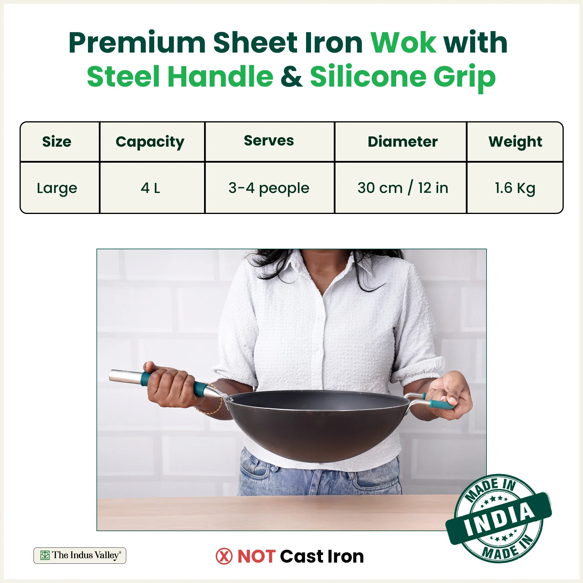 Pure Sheet Iron Wok Steel handle 4L 30Cm with silicone grip & Helper Handle, Toxin-free Sheet Iron, Pre-seasoned - Image 3