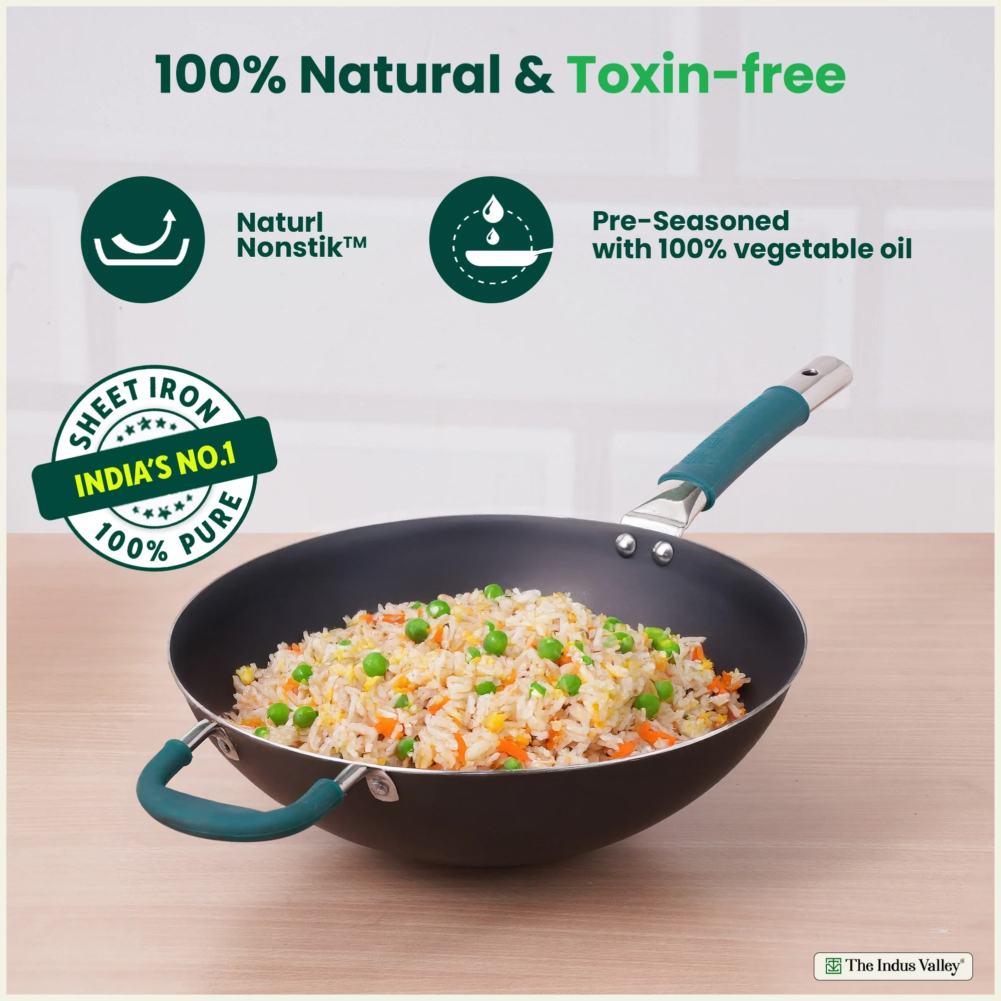 Pure Sheet Iron Wok Steel handle 4L 30Cm with silicone grip & Helper Handle, Toxin-free Sheet Iron, Pre-seasoned - Image 5