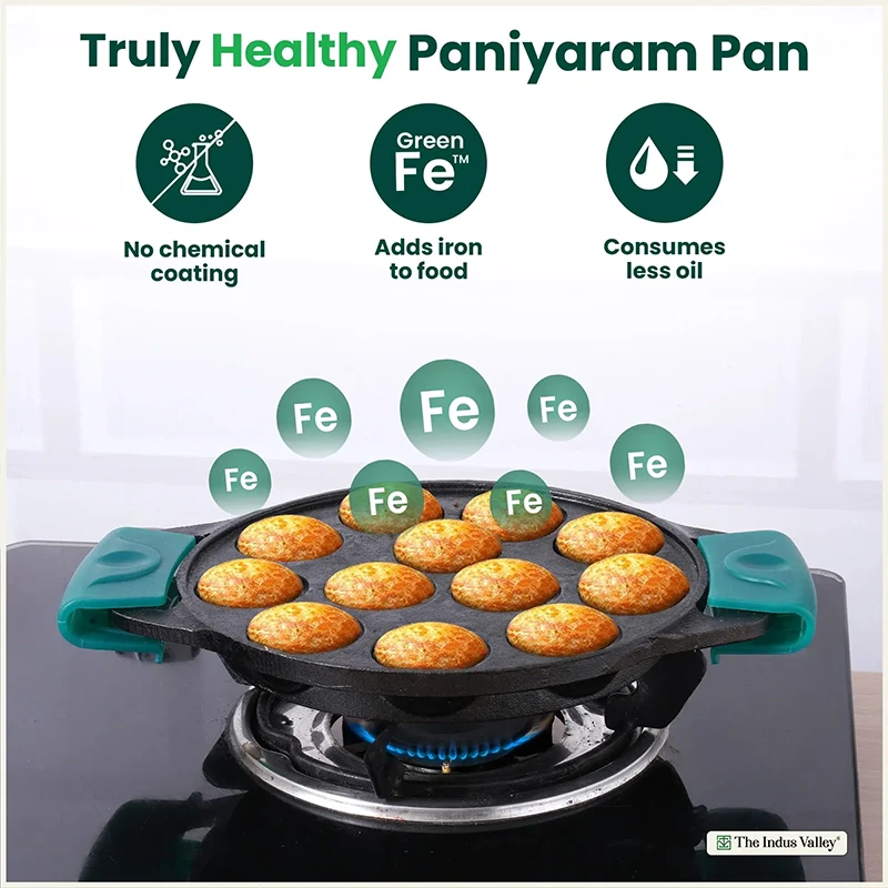 12 Pit/Cup CASTrong Cast Iron Paniyaram/Appe Pan 20.8 cm, Pre-seasoned, with Double Handle Silicone Grip,Toxin-free 2.2 kg - Image 3