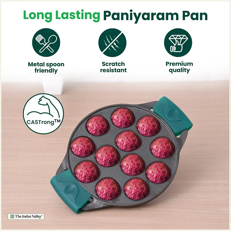 12 Pit/Cup CASTrong Cast Iron Paniyaram/Appe Pan 20.8 cm, Pre-seasoned, with Double Handle Silicone Grip,Toxin-free 2.2 kg - Image 6