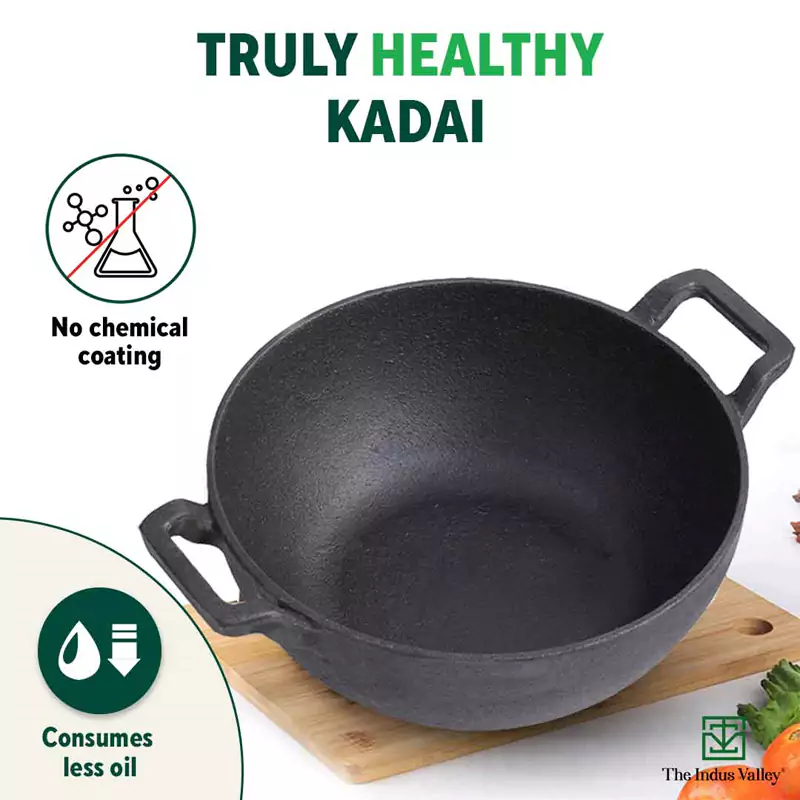 CASTrong Cast Iron Kadai, Pre-seasoned, Naturally Nonstick, 100% Pure, Toxin-free, Induction, 21/25cm, 1.7L/3.3kg - Image 4