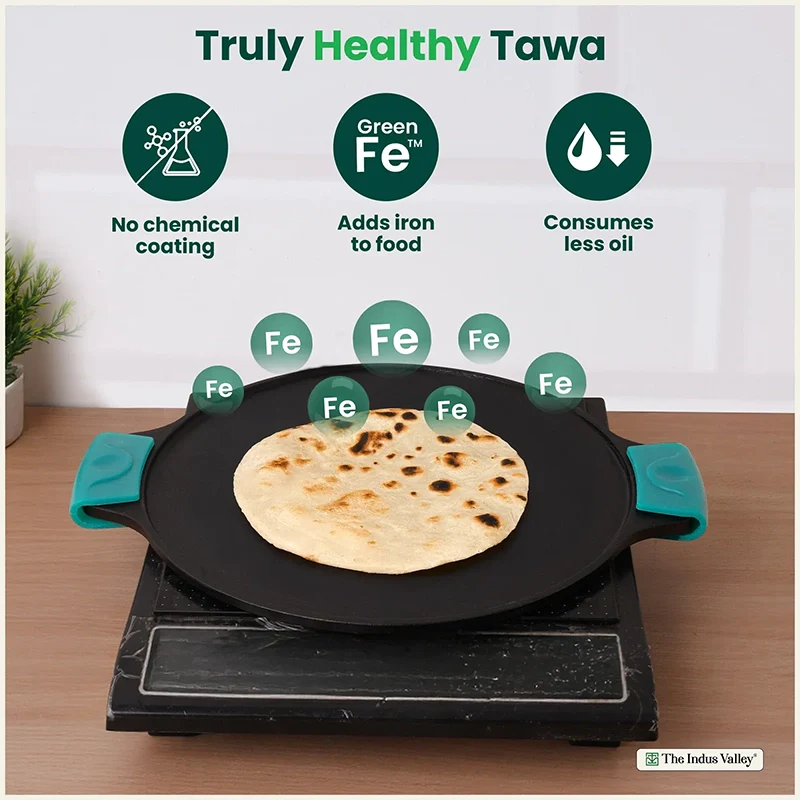 CASTrong Cast Iron Double Handle Tawa 30.2 cm with Silicon Handle, Pre-seasoned, Naturally Nonstick, 100% Pure, Toxin-free, Dosa Tawa for Kitchen Use 2.4 kg - Image 3