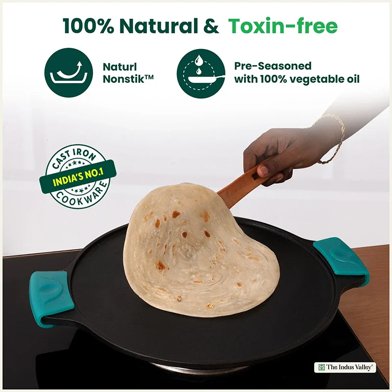 CASTrong Cast Iron Double Handle Tawa 30.2 cm with Silicon Handle, Pre-seasoned, Naturally Nonstick, 100% Pure, Toxin-free, Dosa Tawa for Kitchen Use 2.4 kg - Image 4