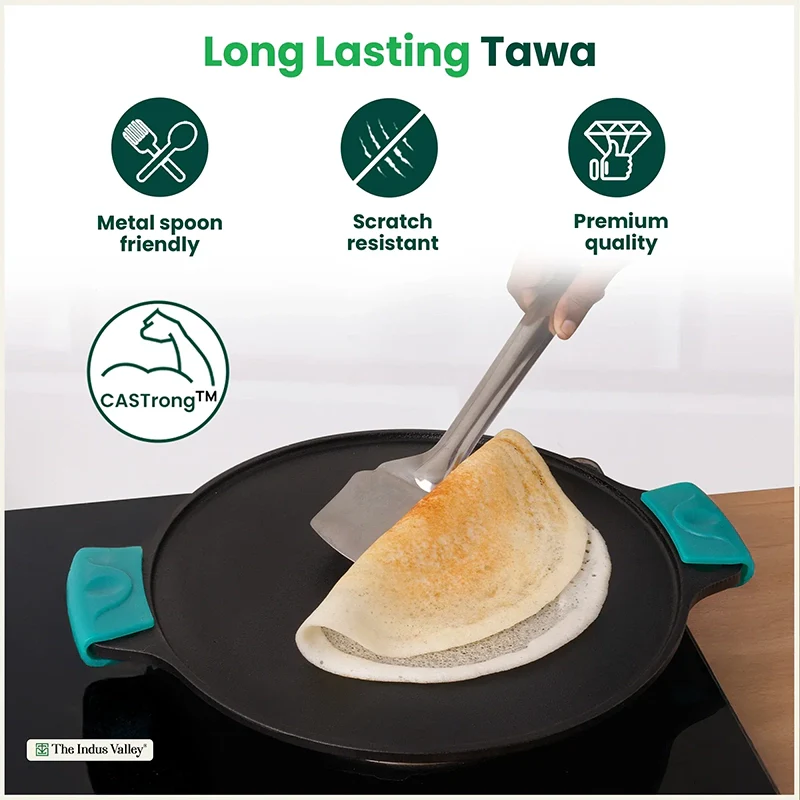 CASTrong Cast Iron Double Handle Tawa 30.2 cm with Silicon Handle, Pre-seasoned, Naturally Nonstick, 100% Pure, Toxin-free, Dosa Tawa for Kitchen Use 2.4 kg - Image 6