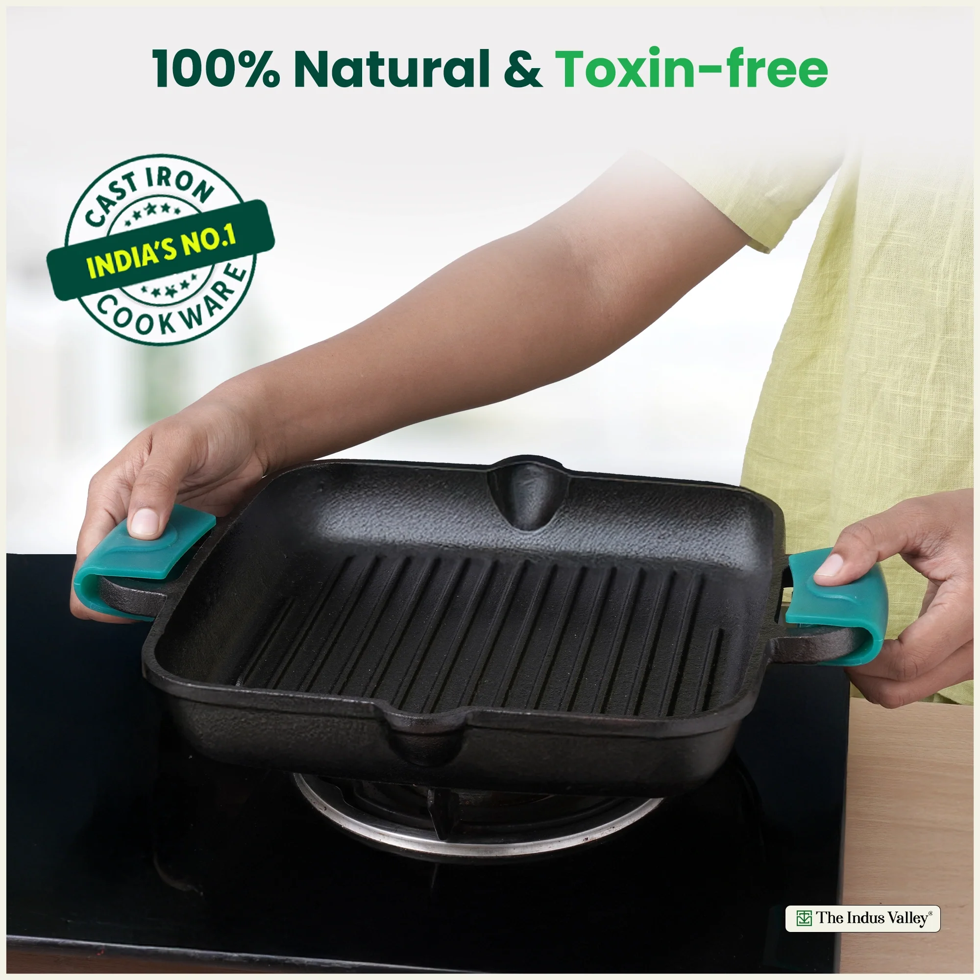 CASTrong Cast Iron Double Handle Grill Pan 26.5 cm with Silicon Handle, Pre-seasoned, Naturally Nonstick, 100% Pure, Toxin-free Grill Pan for Kitchen Use 2 kg - Image 10