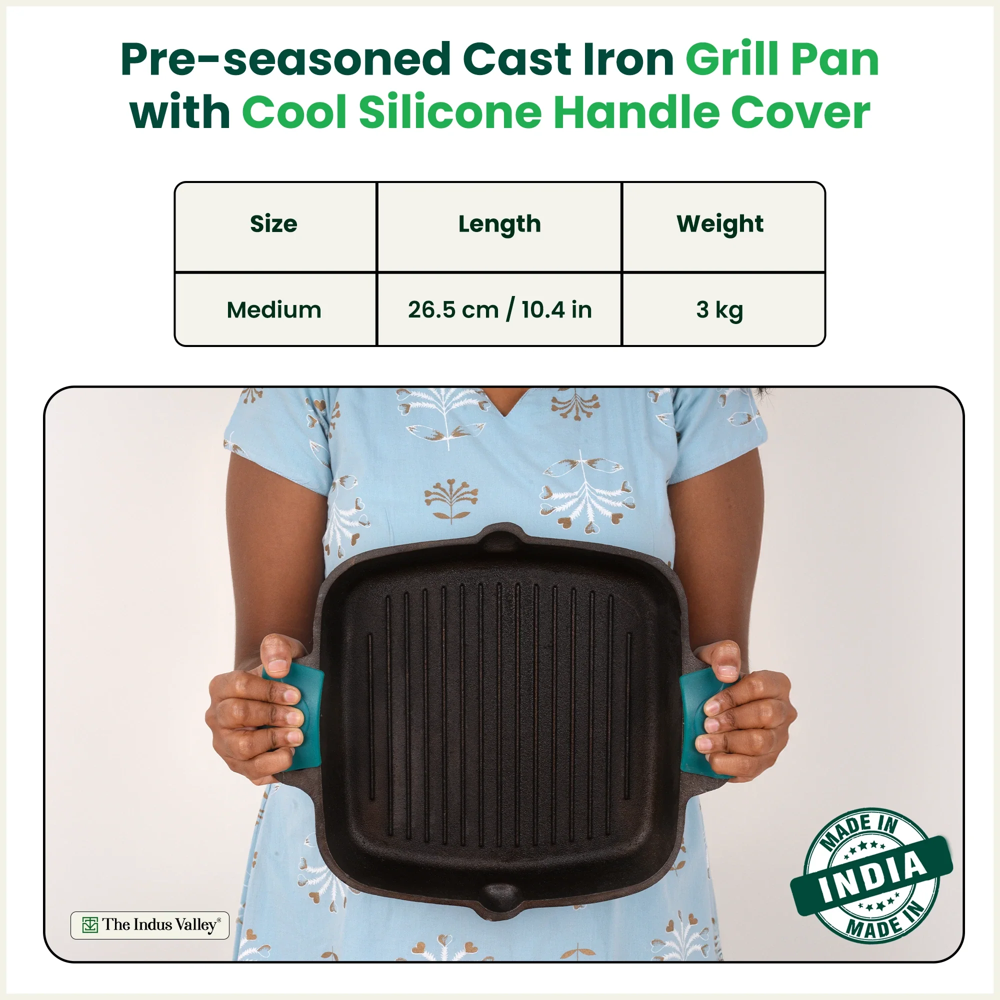 CASTrong Cast Iron Double Handle Grill Pan 26.5 cm with Silicon Handle, Pre-seasoned, Naturally Nonstick, 100% Pure, Toxin-free Grill Pan for Kitchen Use 2 kg - Image 3