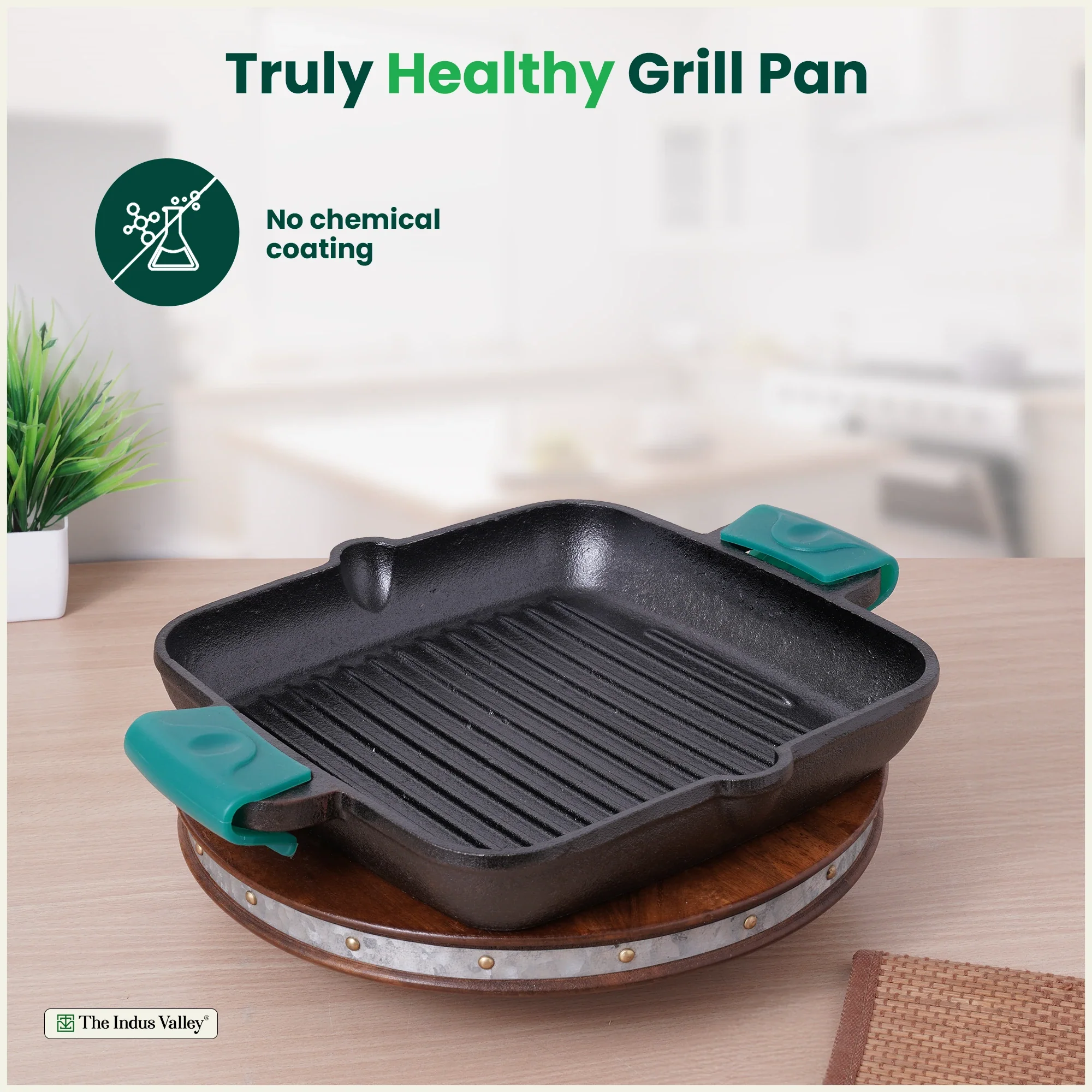 CASTrong Cast Iron Double Handle Grill Pan 26.5 cm with Silicon Handle, Pre-seasoned, Naturally Nonstick, 100% Pure, Toxin-free Grill Pan for Kitchen Use 2 kg - Image 4