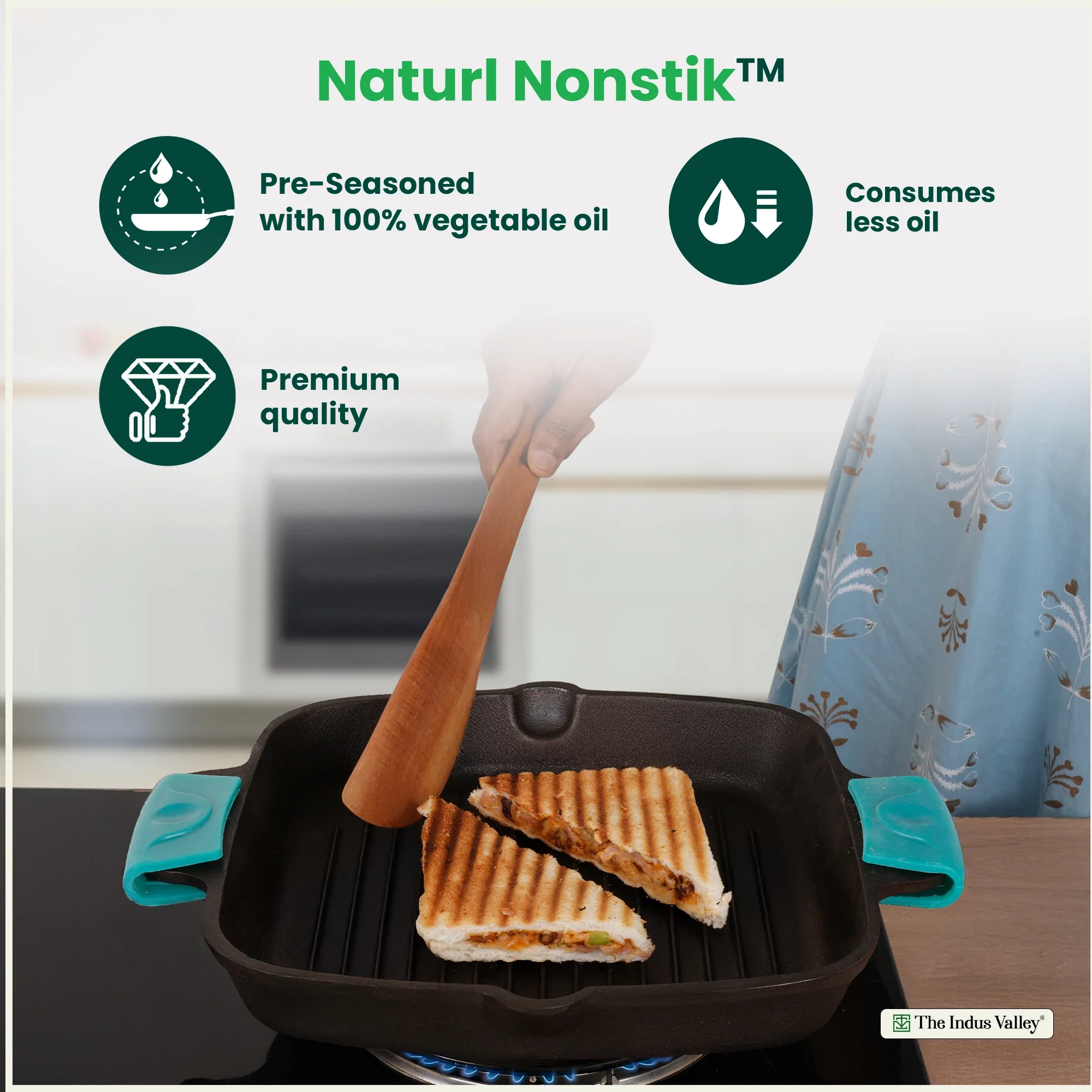 CASTrong Cast Iron Double Handle Grill Pan 26.5 cm with Silicon Handle, Pre-seasoned, Naturally Nonstick, 100% Pure, Toxin-free Grill Pan for Kitchen Use 2 kg - Image 7