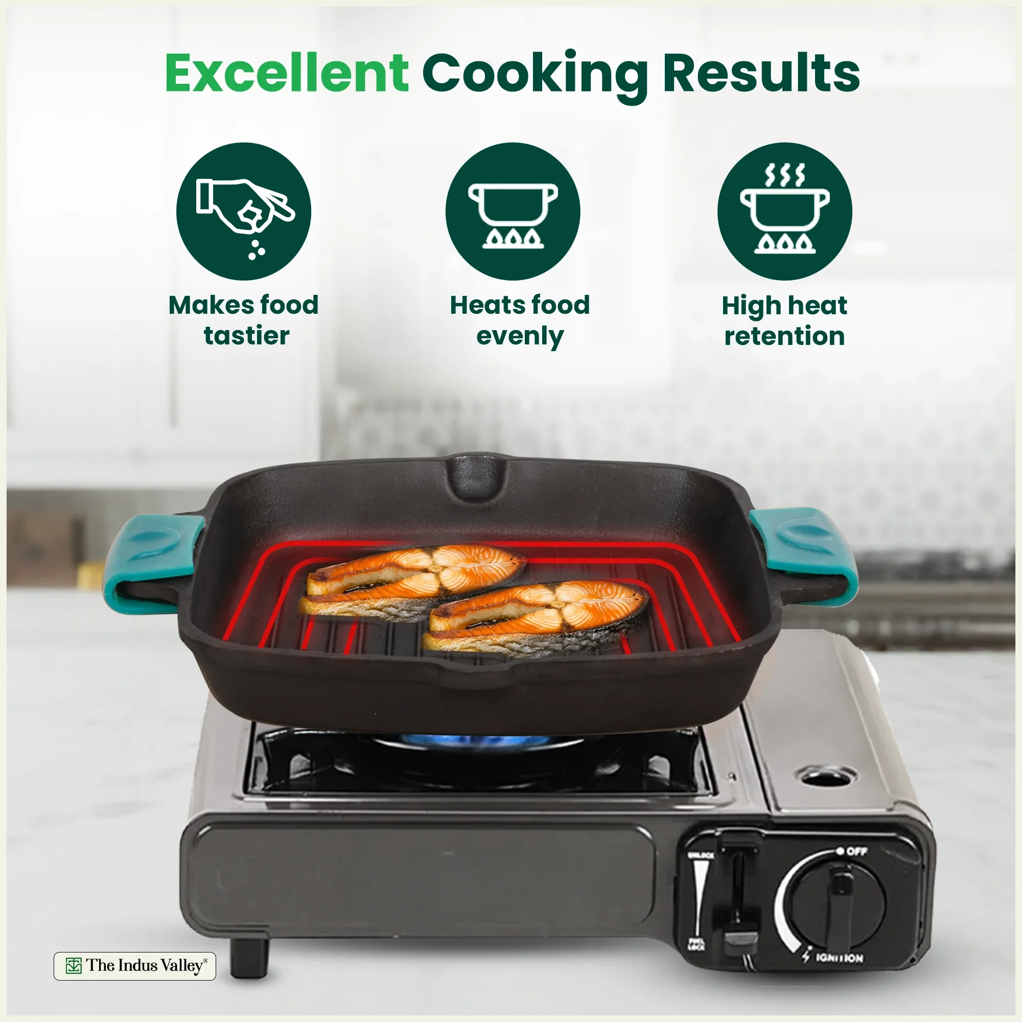 CASTrong Cast Iron Double Handle Grill Pan 26.5 cm with Silicon Handle, Pre-seasoned, Naturally Nonstick, 100% Pure, Toxin-free Grill Pan for Kitchen Use 2 kg - Image 8