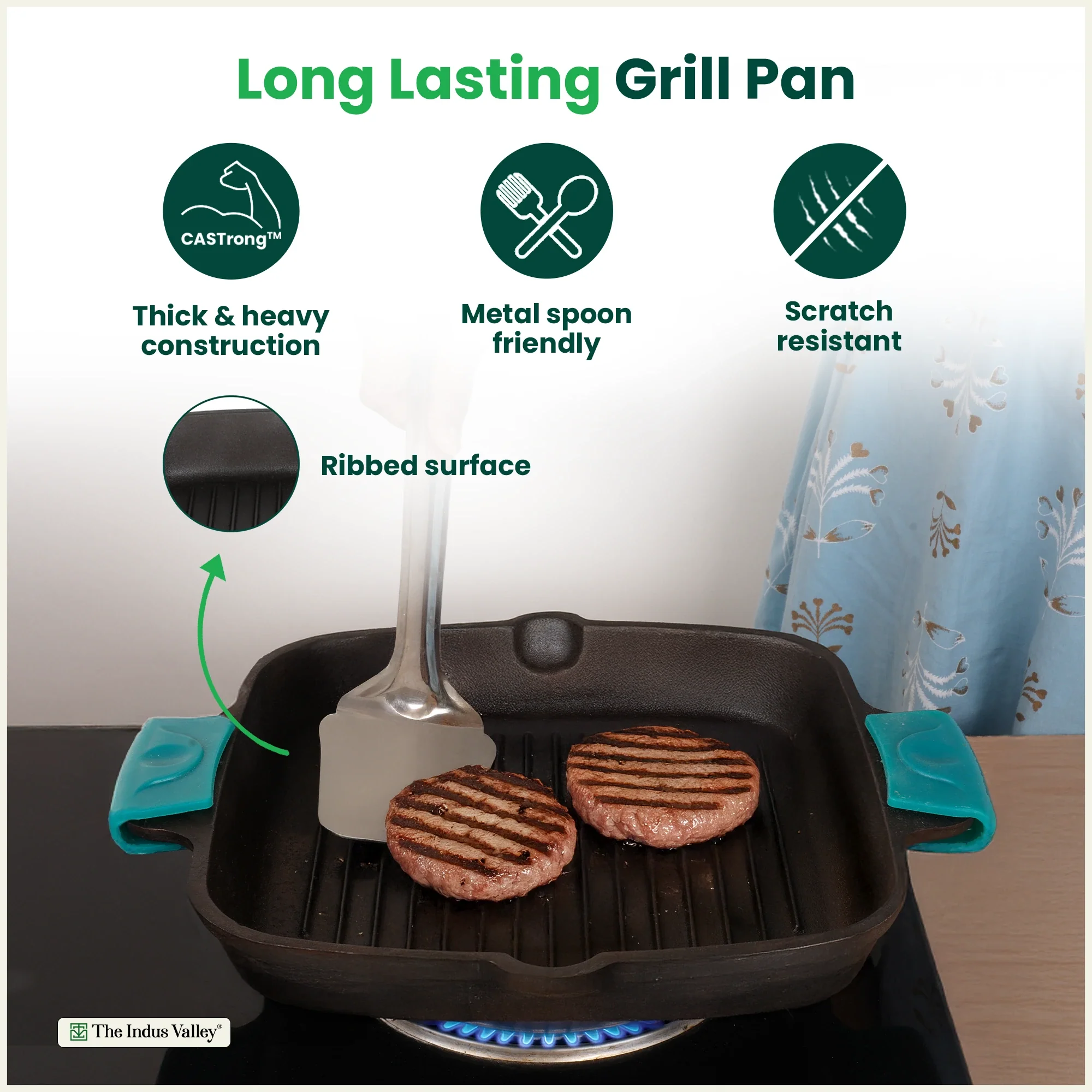 CASTrong Cast Iron Double Handle Grill Pan 26.5 cm with Silicon Handle, Pre-seasoned, Naturally Nonstick, 100% Pure, Toxin-free Grill Pan for Kitchen Use 2 kg - Image 9