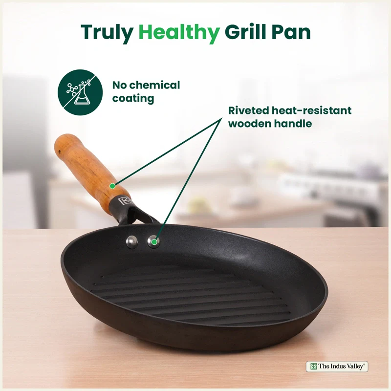 Premium CASTrong Cast Iron Grill Pan with Wooden Handle 24.3cm, Pre-seasoned, 100% Pure, Toxin-free, Induction, 1.4kg - Image 3
