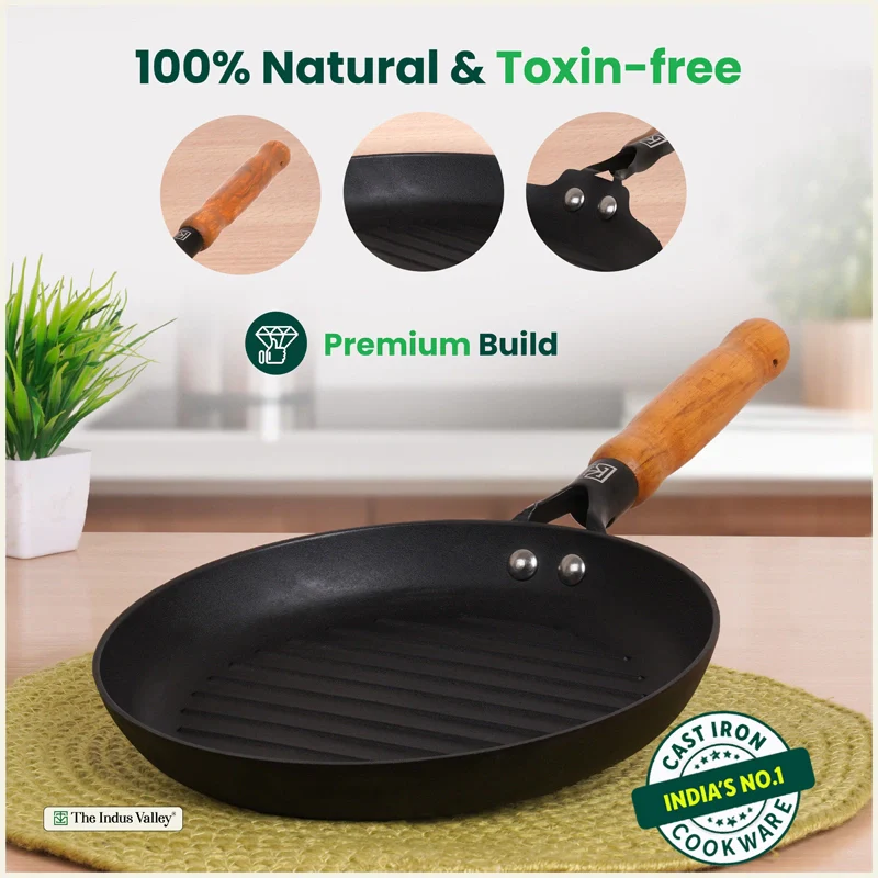Premium CASTrong Cast Iron Grill Pan with Wooden Handle 24.3cm, Pre-seasoned, 100% Pure, Toxin-free, Induction, 1.4kg - Image 4