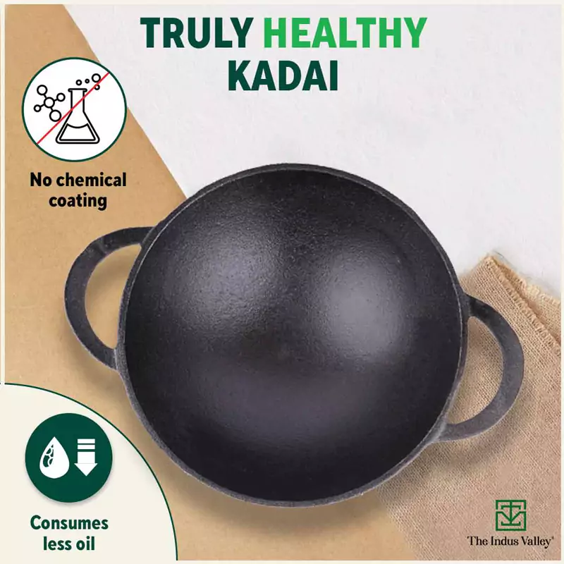 CASTrong Cast Iron Kadai 2.2L, Pre-seasoned, Naturally Nonstick, 100% Pure, Toxin-free, Free 110 Spatula 25.2cm - Image 3