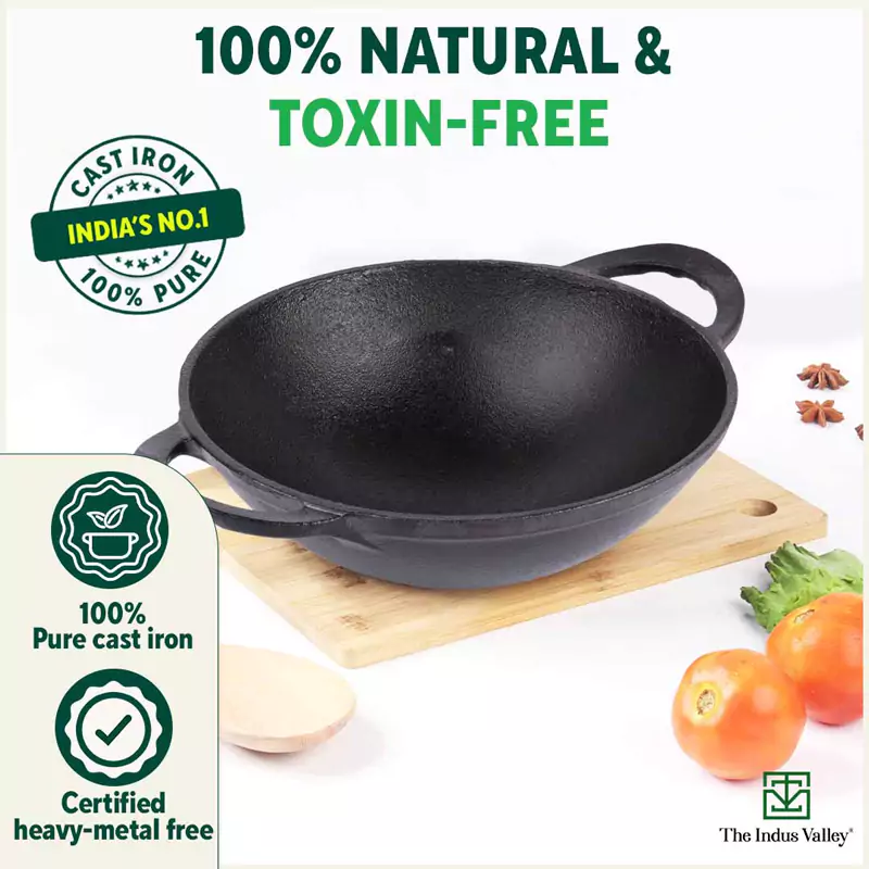 CASTrong Cast Iron Kadai 2.2L, Pre-seasoned, Naturally Nonstick, 100% Pure, Toxin-free, Free 110 Spatula 25.2cm - Image 4