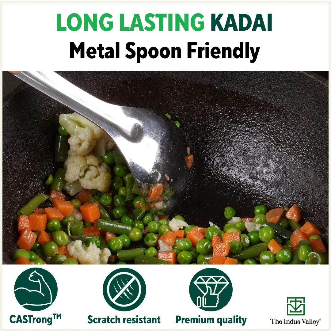 CASTrong Cast Iron Kadai 2.2L, Pre-seasoned, Naturally Nonstick, 100% Pure, Toxin-free, Free 110 Spatula 25.2cm - Image 9