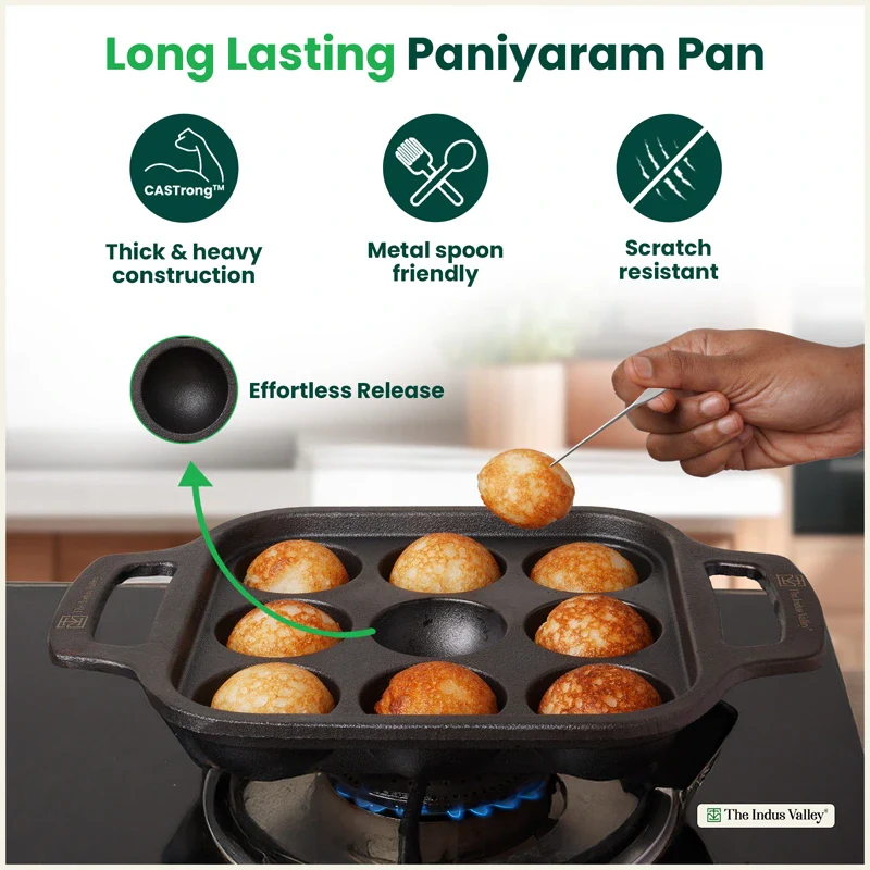 Premium CASTrong Cast Iron Paniyaram Pan 18.7cm, Pre-seasoned, Nonstick, 100% Pure, Toxin-free 1.6kg - Image 8