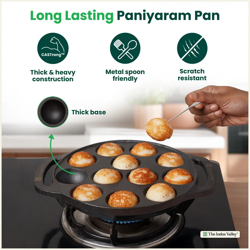 Premium CASTrong Cast Iron Premium Paniyaram Pan 20.8cm, Pre-seasoned, Nonstick, 100% Pure, Toxin-free, Medium 2.6kg - Image 8