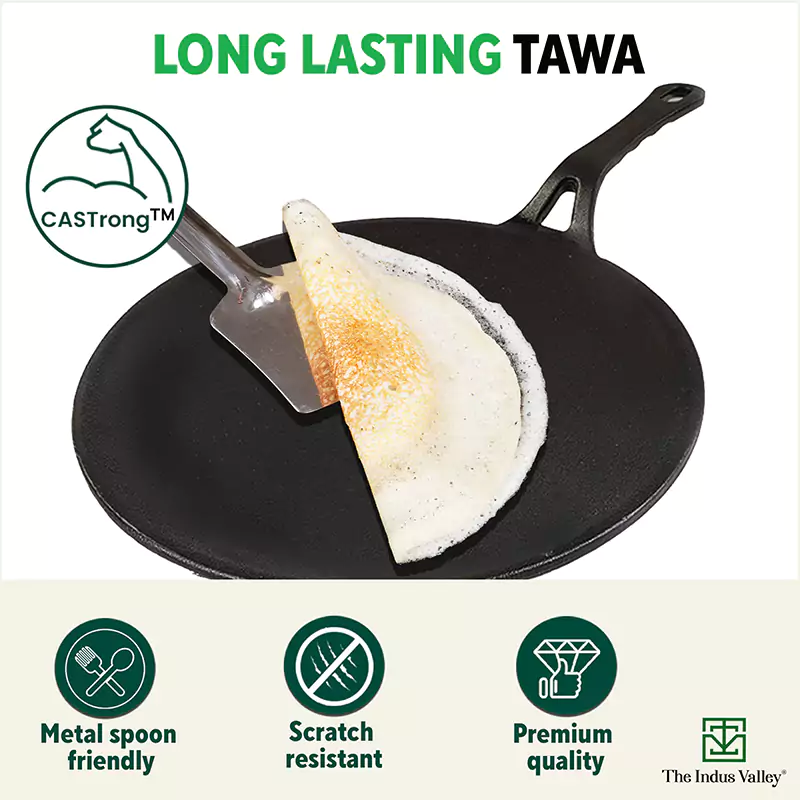 CASTrong Cast Iron Concave Tawa 25.4cm, Pre-seasoned, Naturally Nonstick, 100% Pure, Toxin-free, Free 110 Spatula - Image 6