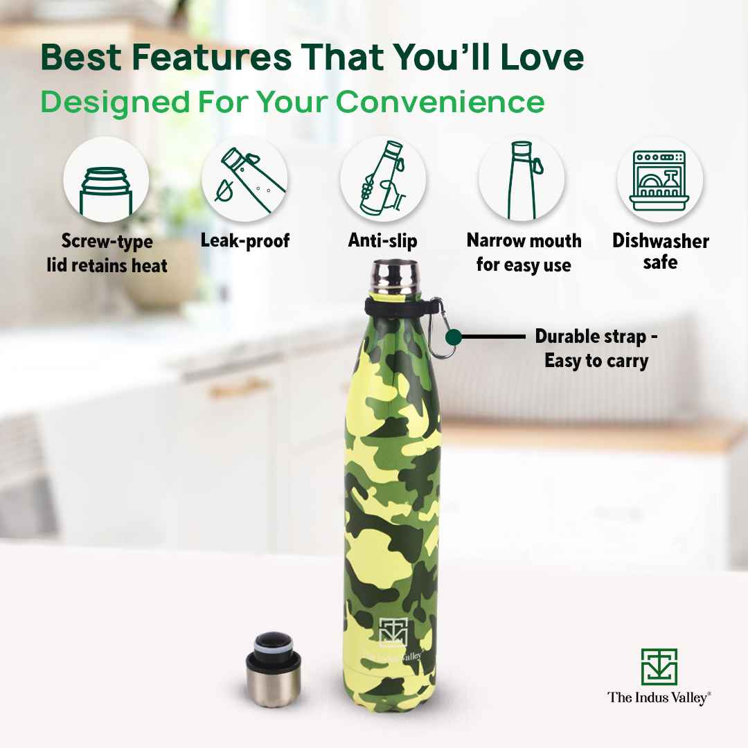 Premium Stainless Steel Camo Printed Vacuum Insulated Water Bottles 1L , Cola Shaped - Image 6