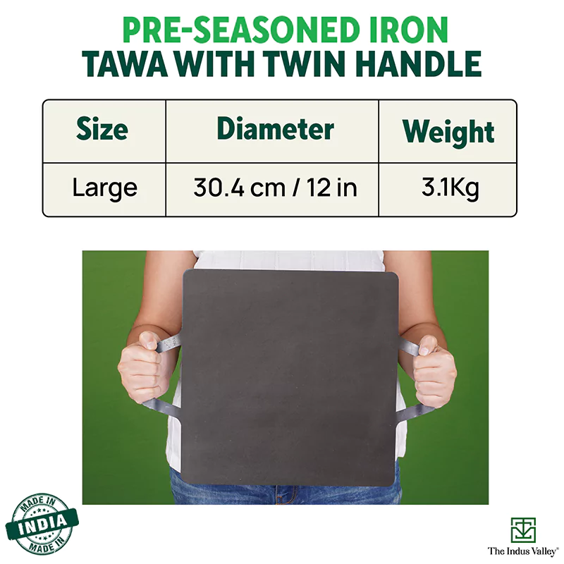 100% Pure Iron Square Tawa 30.5cm with Double Handles, Toxin-free Sheet Iron, Pre-Seasoned, Induction & Gas - Image 3