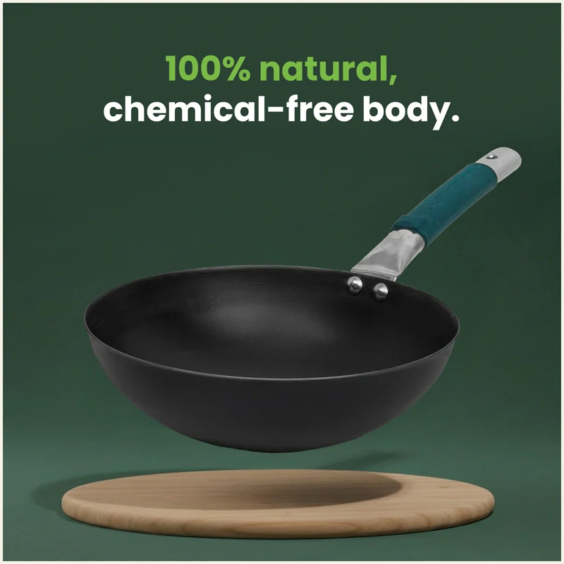 Iron Wok with Steel Cool Touch Handle 2/3.5 L & Silicone Grip, Toxin-free Sheet Iron, Pre-seasoned - Image 3