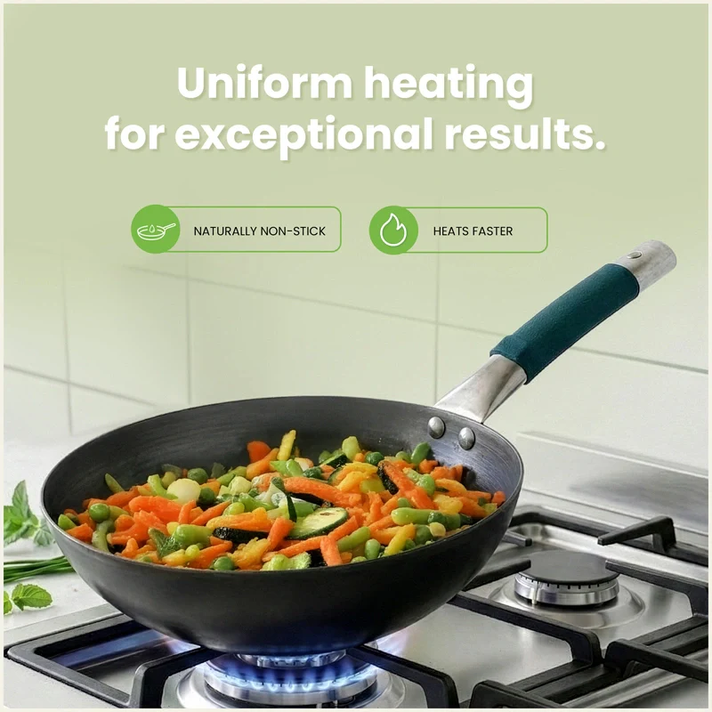 Iron Wok with Steel Cool Touch Handle 2/3.5 L & Silicone Grip, Toxin-free Sheet Iron, Pre-seasoned - Image 7