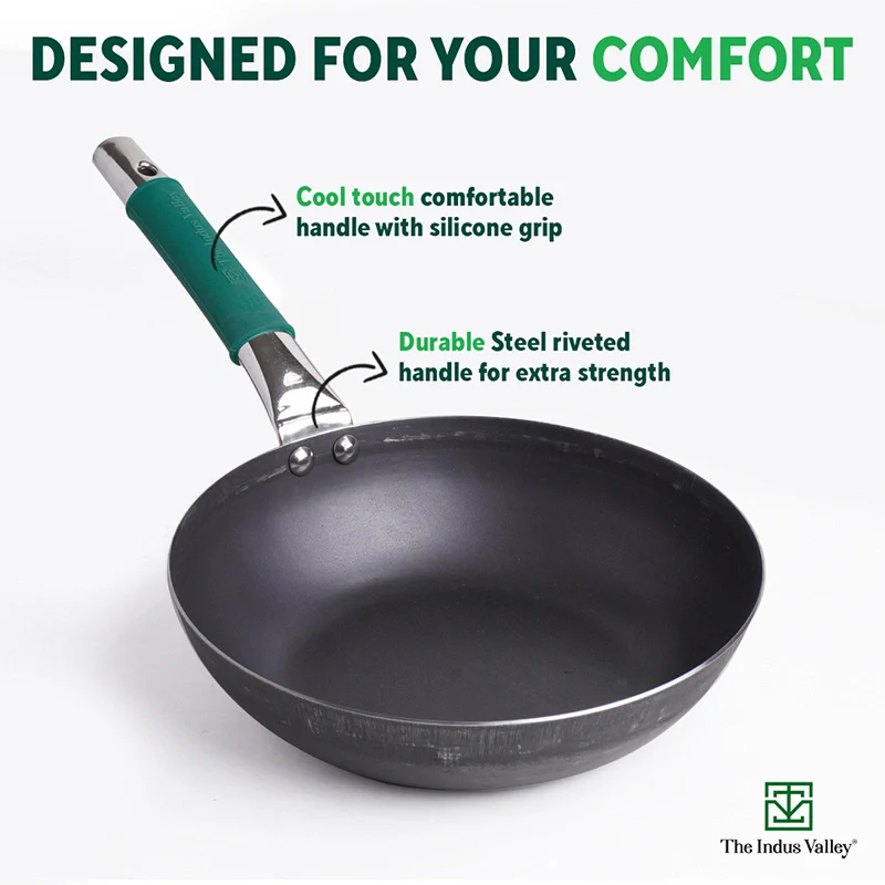 Pure Sheet Iron Frying pan 2/2.5 L, Steel Cool Touch Handle & Silicone Grip, Pre-seasoned, Toxin-free, Induction - Image 3