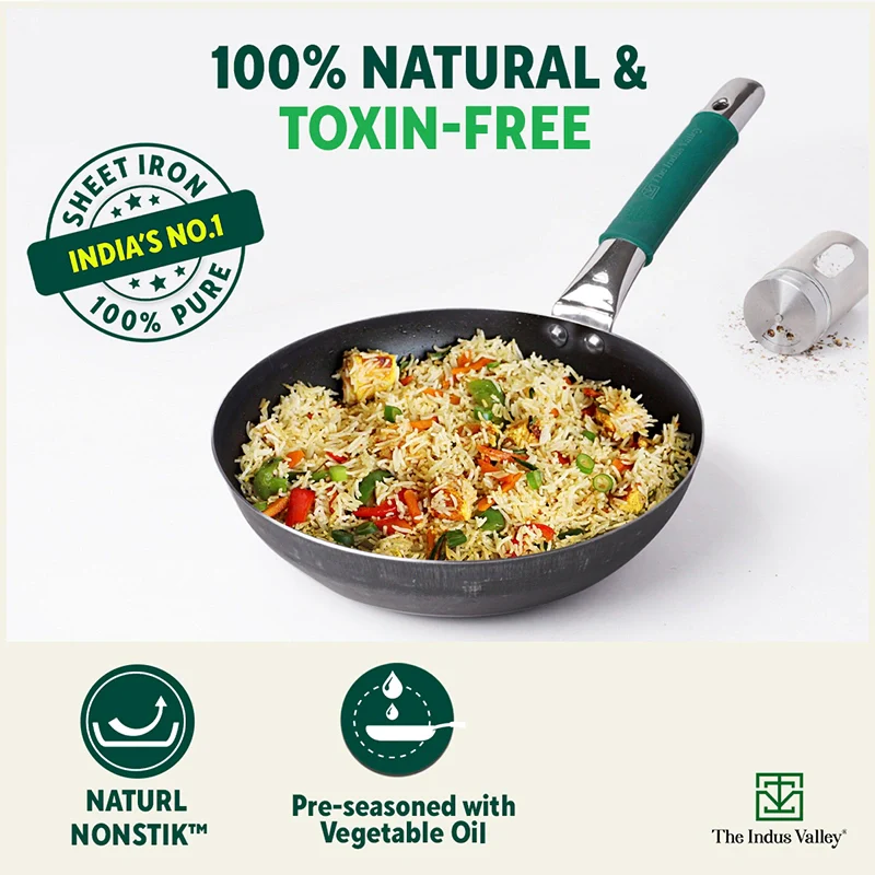 Pure Sheet Iron Frying pan 2/2.5 L, Steel Cool Touch Handle & Silicone Grip, Pre-seasoned, Toxin-free, Induction - Image 5