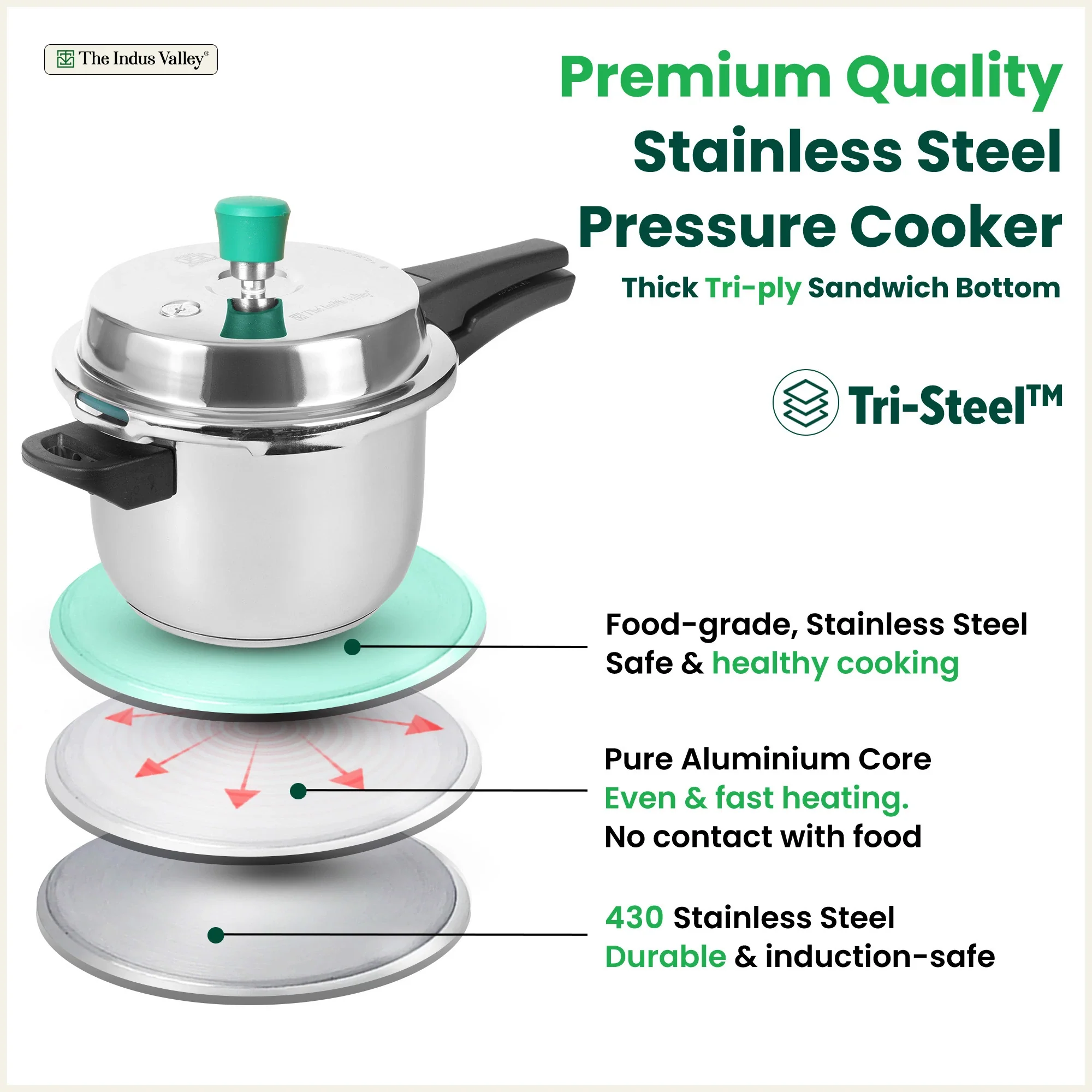QuicKooker Tri-Steel Stainless Steel Pressure Cooker 3/5 L , Premium Quality, 3 Layer Heavy Bottom, 100% Safe, ISI Certified, 3 Yr Warranty, Induction & Gas - Image 4