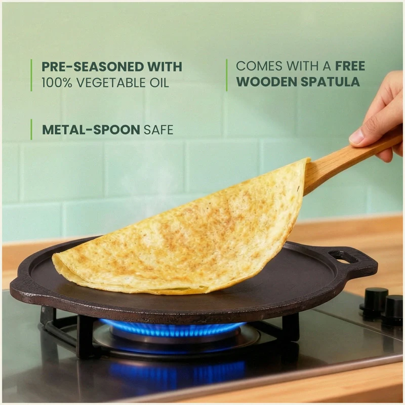 Super Smooth Cast Iron Tawa 28/30.5cm Pre-seasoned, Naturally Nonstick, 100% Pure, Toxin-free, Induction 2.8/2.9kg - Image 8