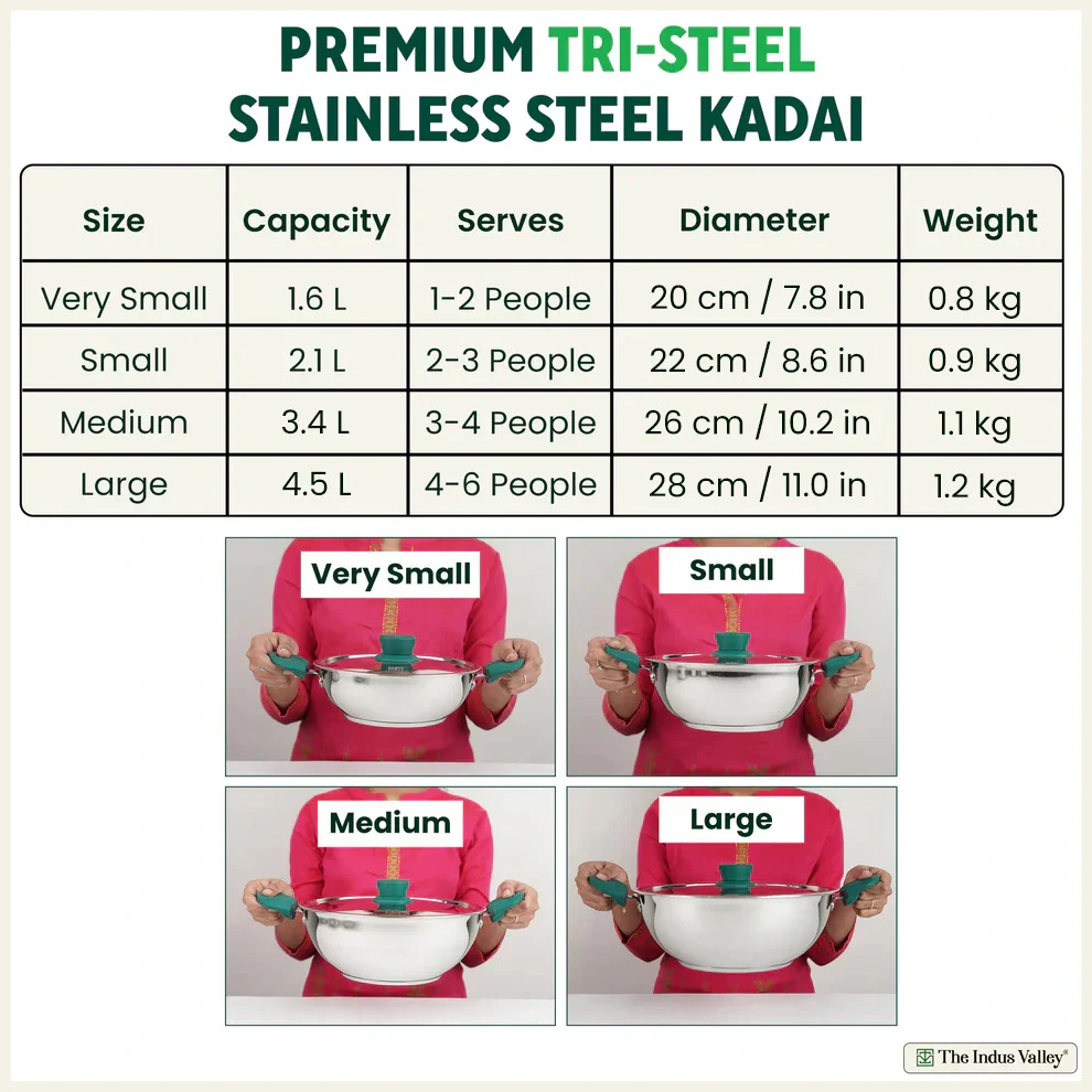 Tri-Steel Stainless Steel Kadai+ Lid 1.6/2.1/3.4/4.5 L, Premium Quality, Tri-ply (3 Layer) Bottom, Cool-touch Handles, 100% Toxin-free, Non-stick, Induction & Gas - Image 3