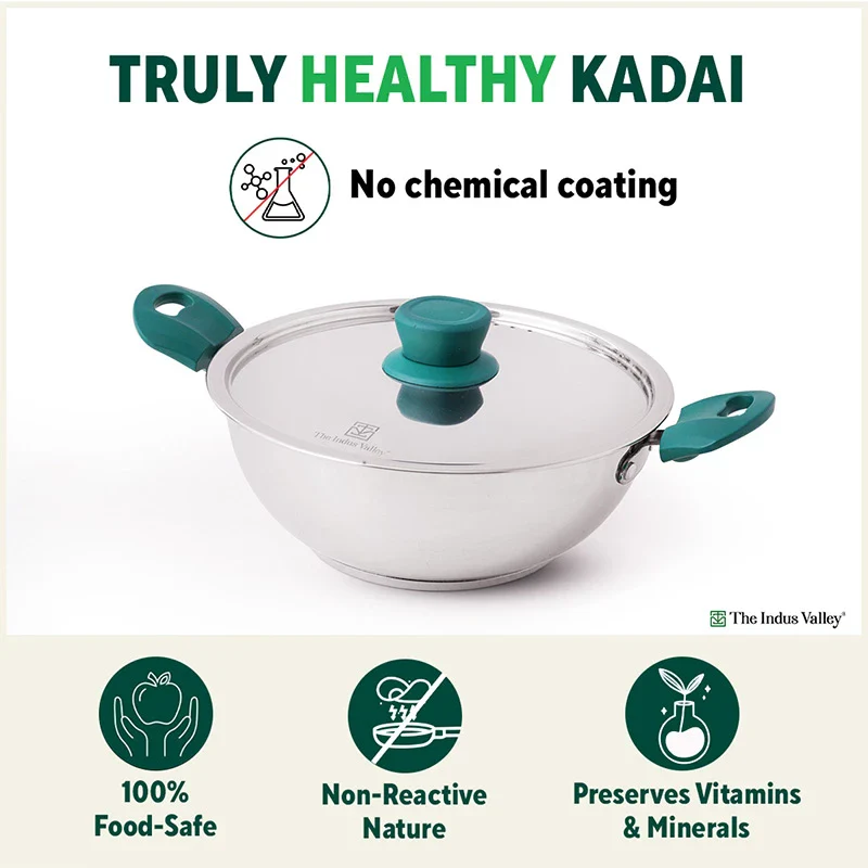 Tri-Steel Stainless Steel Kadai+ Lid 1.6/2.1/3.4/4.5 L, Premium Quality, Tri-ply (3 Layer) Bottom, Cool-touch Handles, 100% Toxin-free, Non-stick, Induction & Gas - Image 4