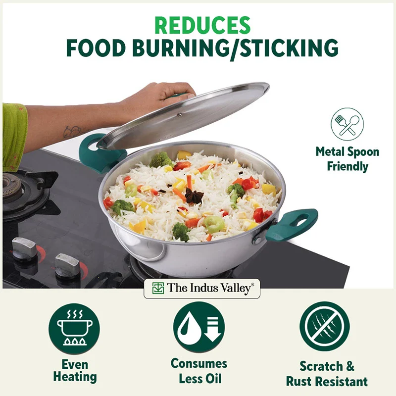 Tri-Steel Stainless Steel Kadai+ Lid 1.6/2.1/3.4/4.5 L, Premium Quality, Tri-ply (3 Layer) Bottom, Cool-touch Handles, 100% Toxin-free, Non-stick, Induction & Gas - Image 6