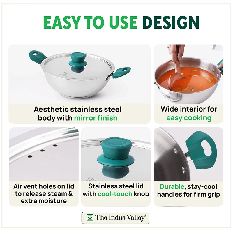 Tri-Steel Stainless Steel Kadai+ Lid 1.6/2.1/3.4/4.5 L, Premium Quality, Tri-ply (3 Layer) Bottom, Cool-touch Handles, 100% Toxin-free, Non-stick, Induction & Gas - Image 9