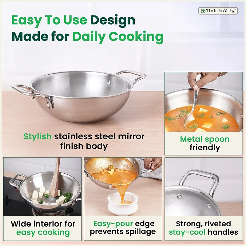 TurboCuk Tri-ply Stainless Steel Kadai 1.7/2.7/3.5L, Premium Quality, 3 Layer Thick Body, 100% Toxin-free, Non-stick, Induction & Gas, Free ₹ 110 Spatula - Image 8