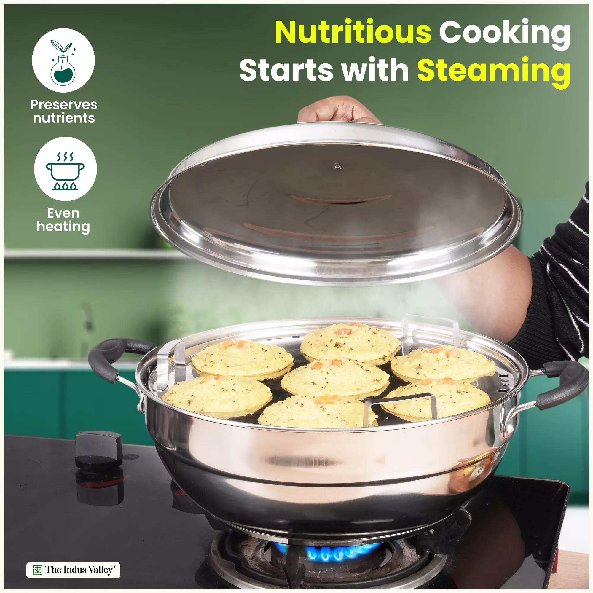 14 Pit Tri-Steel Multi Pot 4.2L Premium Stainless Steel Idli/ Dhokla/ Momo Maker/ Veg Steaming Set, Tri-ply Induction Bottom, 5 Plates - Image 4