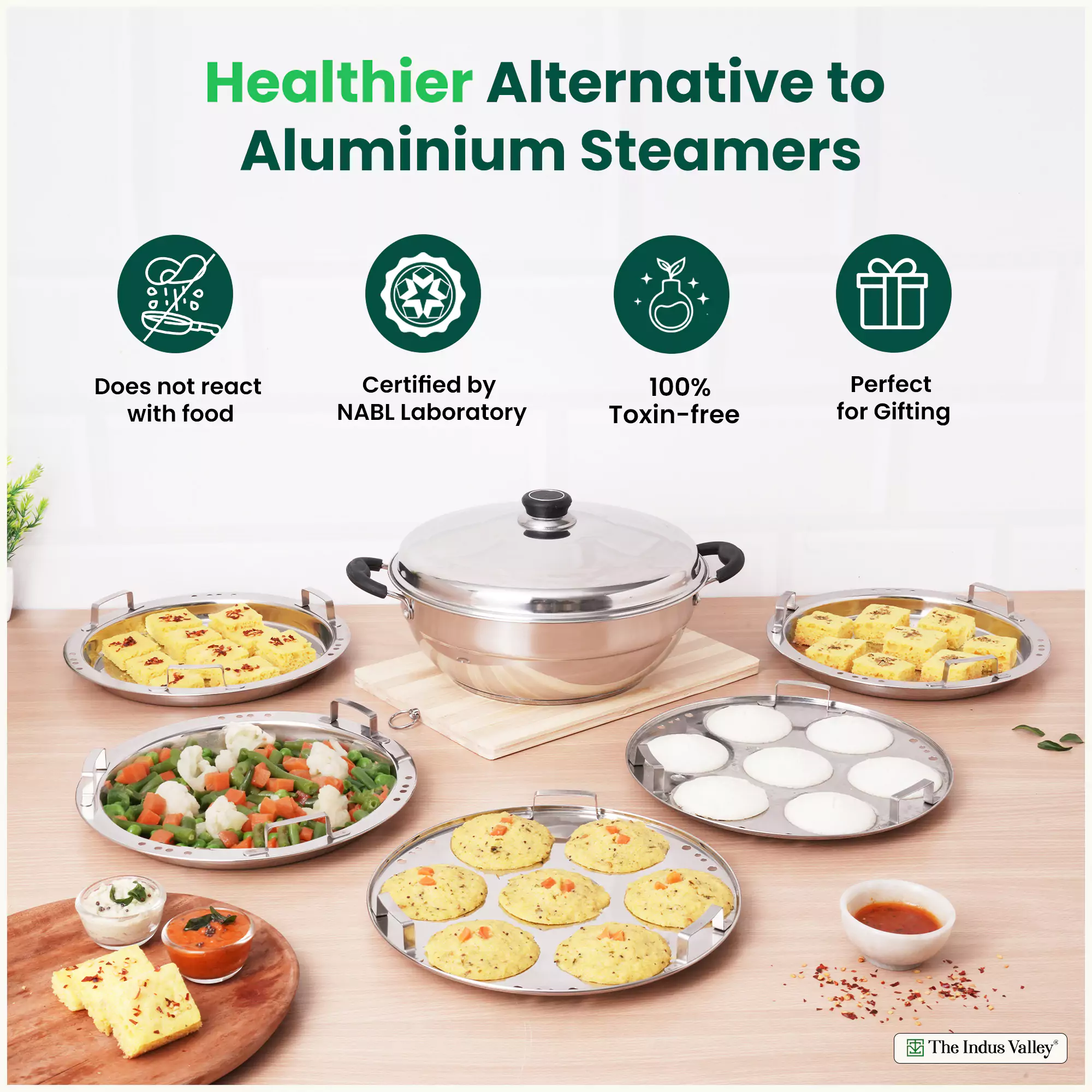 14 Pit Tri-Steel Multi Pot 4.2L Premium Stainless Steel Idli/ Dhokla/ Momo Maker/ Veg Steaming Set, Tri-ply Induction Bottom, 5 Plates - Image 5