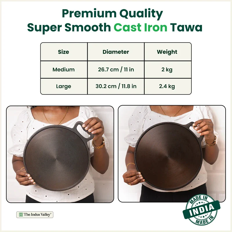 Super Smooth Cast Iron Tawa 26.7/30.2cm, Pre-seasoned, Naturally Nonstick, 100% Pure, Toxin-free, Gas & Induction, Free 110 Spatula - Image 3