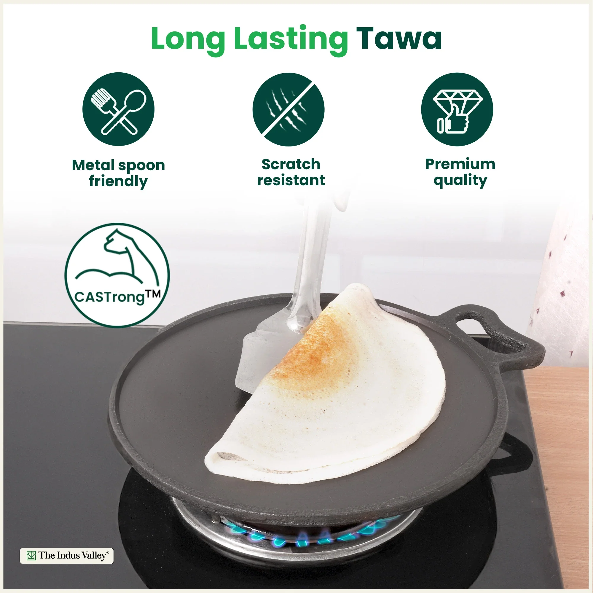 Super Smooth Cast Iron Tawa 26.7/30.2cm, Pre-seasoned, Naturally Nonstick, 100% Pure, Toxin-free, Gas & Induction, Free 110 Spatula - Image 5
