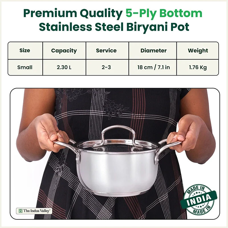 Tri-ply Stainless Steel Biryani Pot/ Casserole/ Sauce Pot with Steel Lid 2.3L Premium Quality, 3 Layer Thick Body and 5-ply Bottom, 100% Toxin-free, Non-stick, Induction & Gas 18cm - Image 3