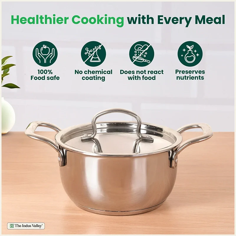 Tri-ply Stainless Steel Biryani Pot/ Casserole/ Sauce Pot with Steel Lid 2.3L Premium Quality, 3 Layer Thick Body and 5-ply Bottom, 100% Toxin-free, Non-stick, Induction & Gas 18cm - Image 4