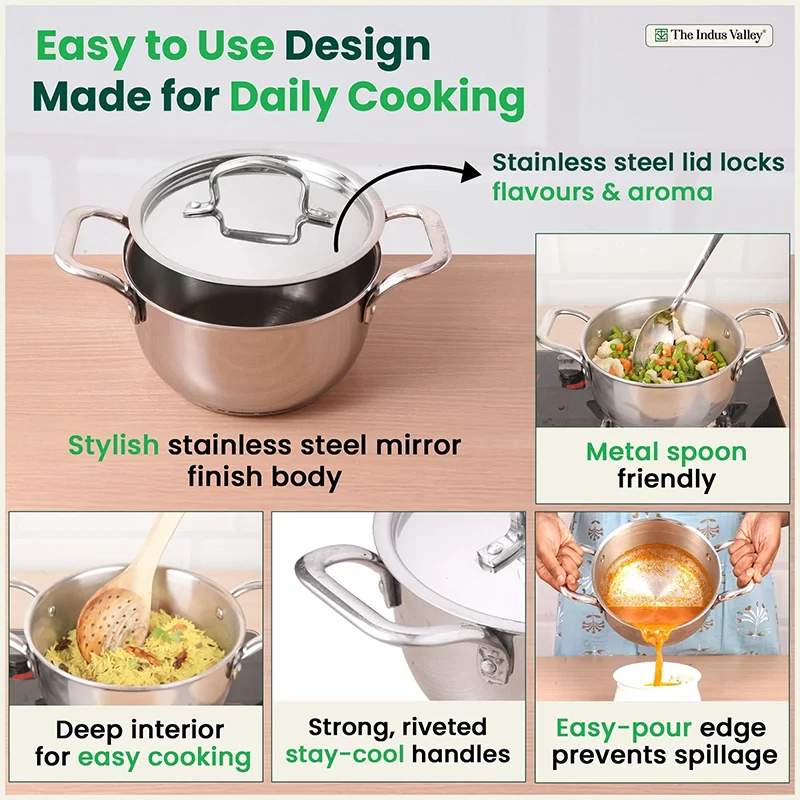 Tri-ply Stainless Steel Biryani Pot/ Casserole/ Sauce Pot with Steel Lid 2.3L Premium Quality, 3 Layer Thick Body and 5-ply Bottom, 100% Toxin-free, Non-stick, Induction & Gas 18cm - Image 9