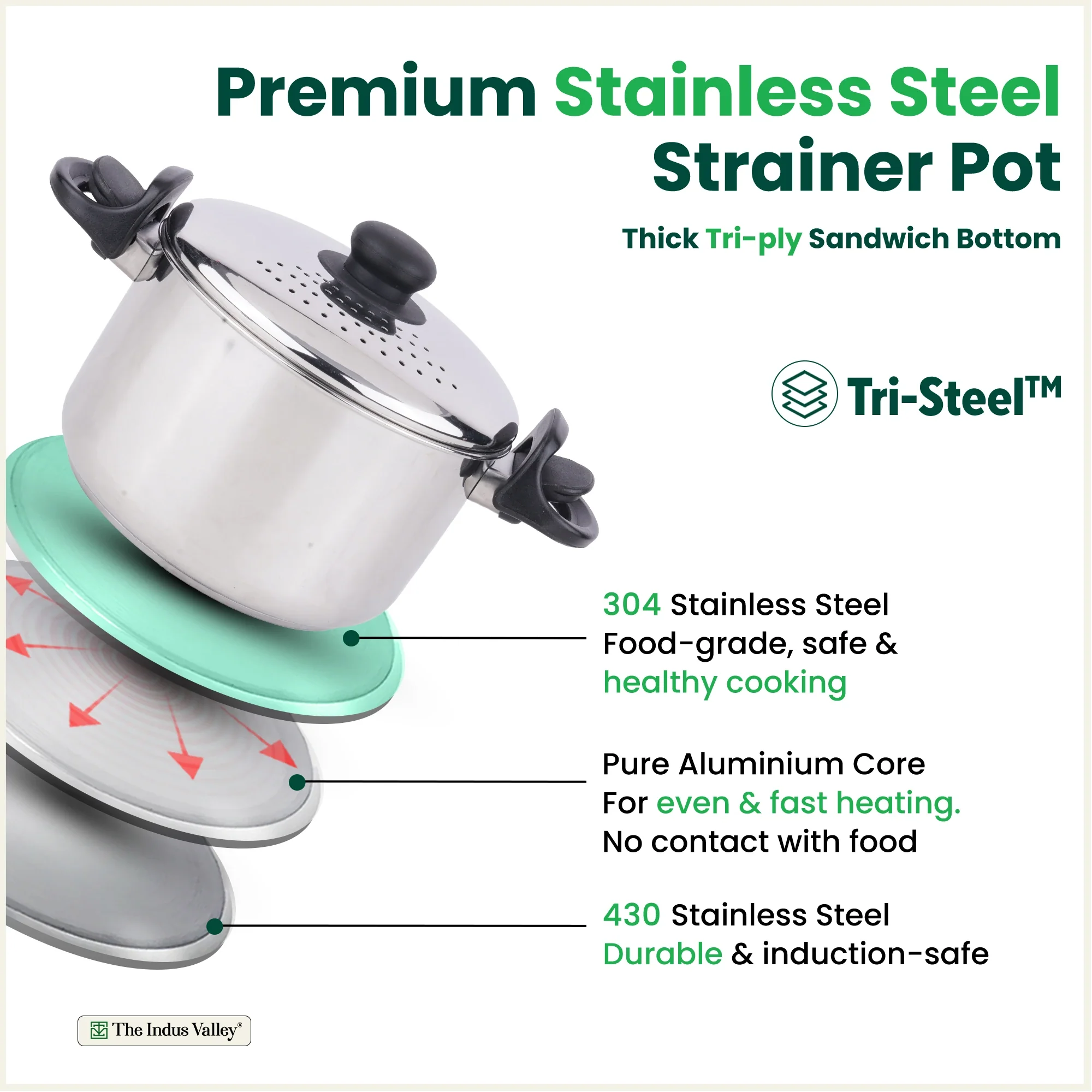 Premium Stainless Steel Rice Pot with Strainer Lid & Lock free Bakelite Handles 2.5/3.5L, Tri-ply 3-Layer Heavy Bottom | Noodle/Pasta/Corn/Soya/Veggies Boiler Pot, Steamer Cooker, Induction & Gas - Image 3
